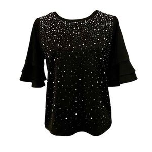 New York & Company Embellished Top with triple ruffle sleeves- XL
